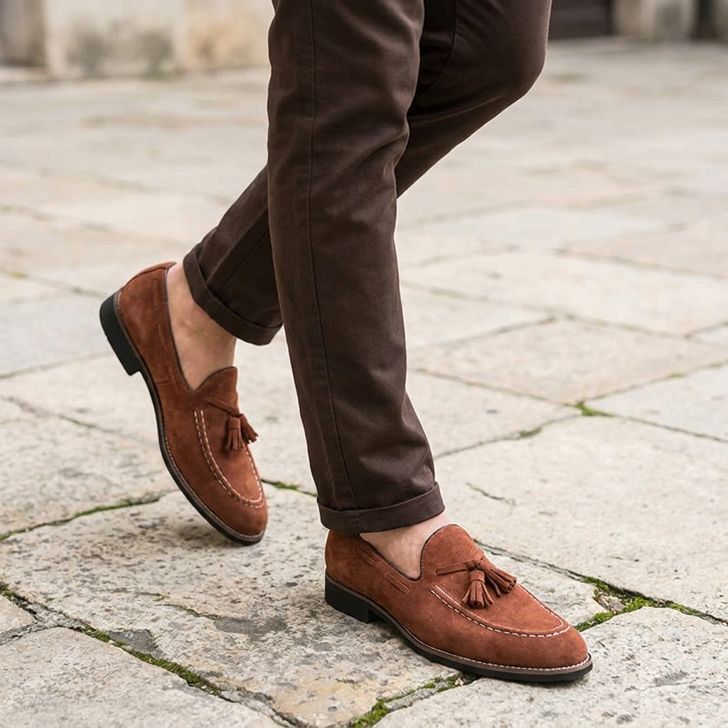 Barolo Suede Loafers — Cognac, knee-down lifestyle cobblestone