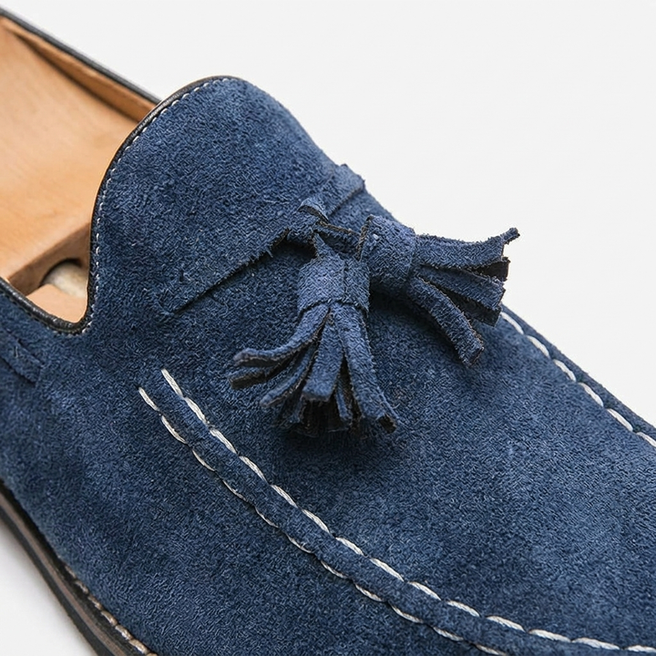 Barolo Suede Loafers — Navy, close-up tassel and moc-seam