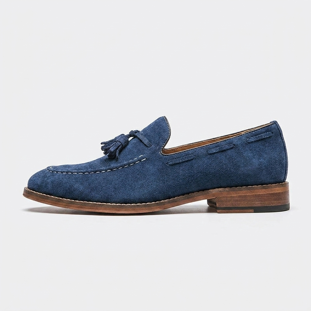 Barolo Suede Loafers — Navy, side profile studio view