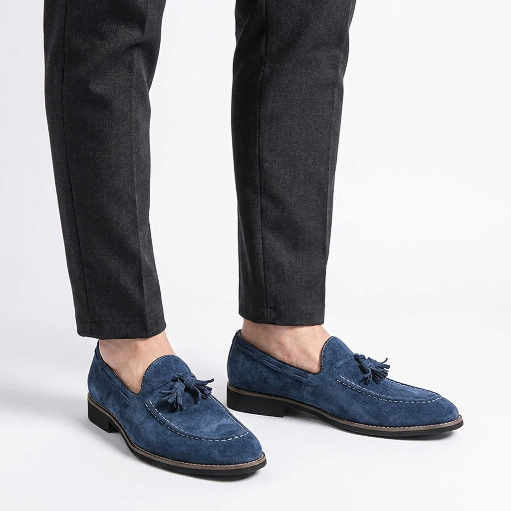 Barolo Suede Loafers — Navy, knee-down studio male model