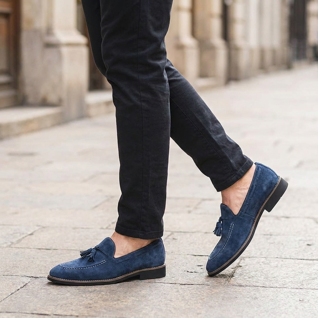 Barolo Suede Loafers — Navy, knee-down lifestyle cobblestone