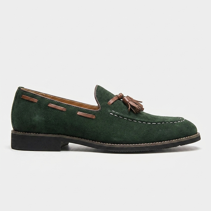 Barolo Suede Loafers — Forest, side profile studio view