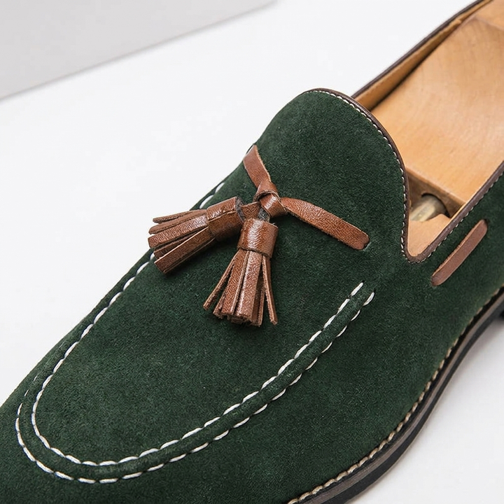 Barolo Suede Loafers — Forest, close-up tassel and contrasting tassel