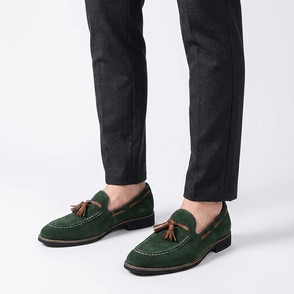 Barolo Suede Loafers — Forest, knee-down studio male model