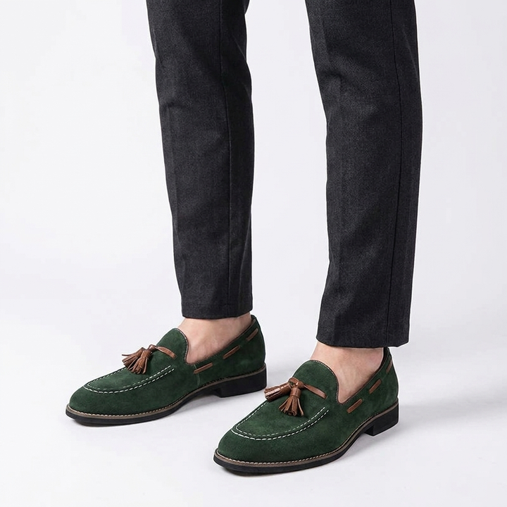 Barolo Suede Loafers — Forest, knee-down studio male model