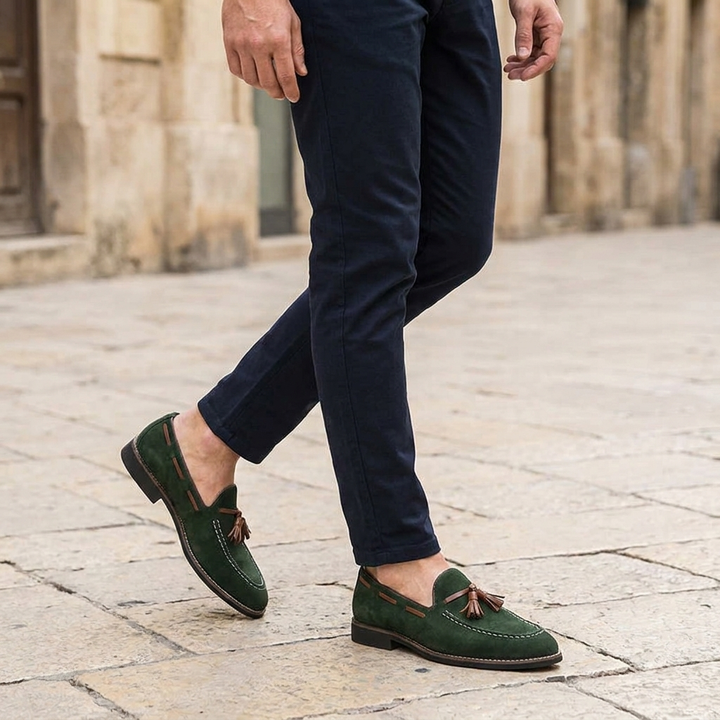Barolo Suede Loafers — Forest, knee-down lifestyle cobblestone