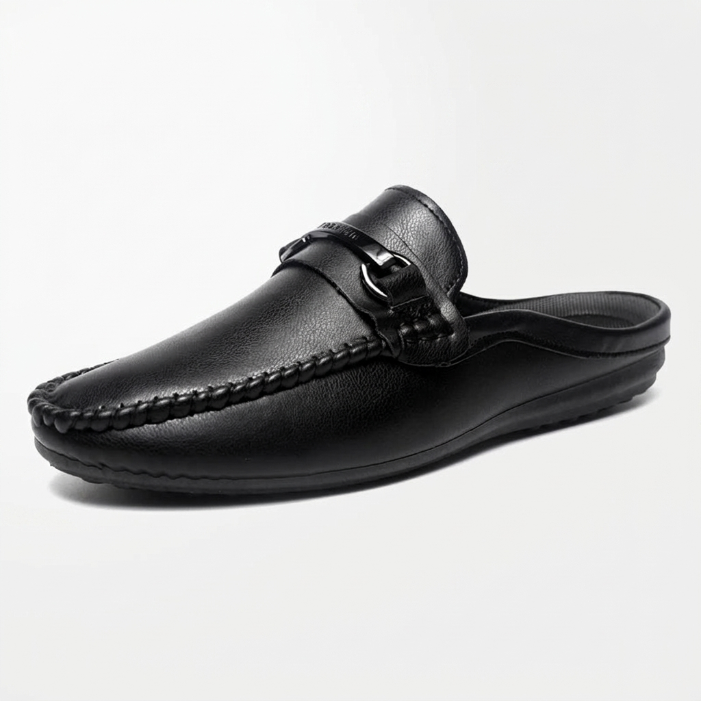 Burano Leather Mules — Black, three-quarter open-back studio view