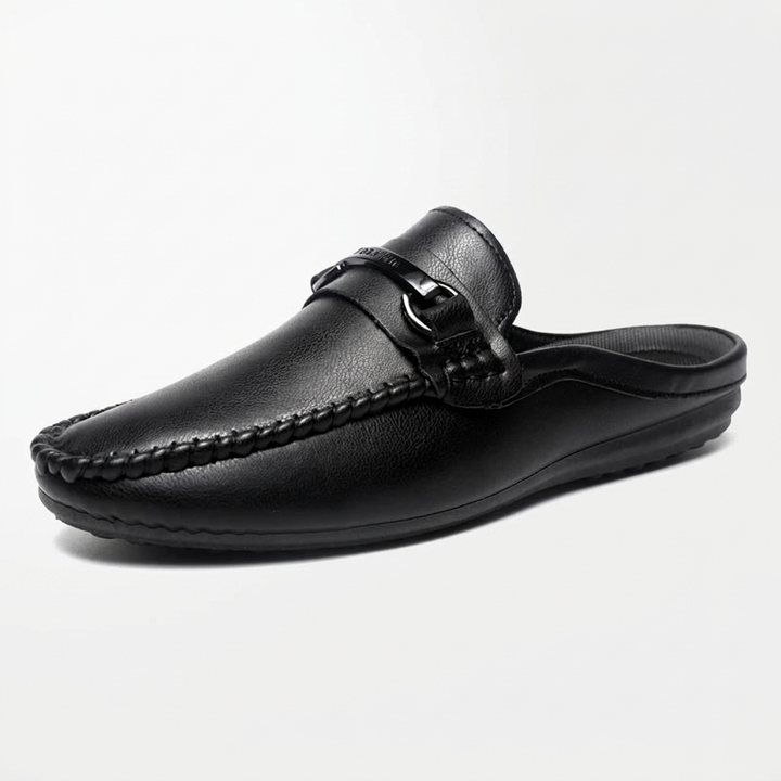 Burano Leather Mules — Black, three-quarter open-back studio view