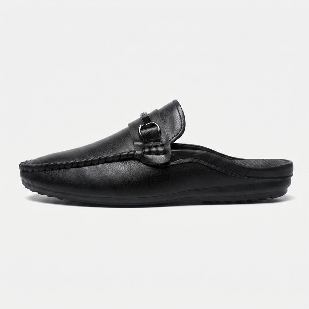 Burano Leather Mules — Black, side profile studio view