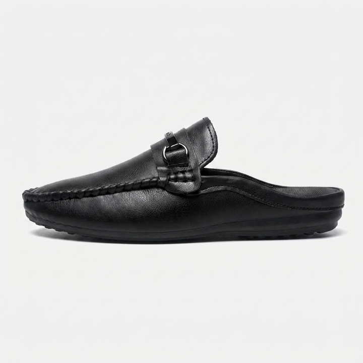 Burano Leather Mules — Black, side profile studio view