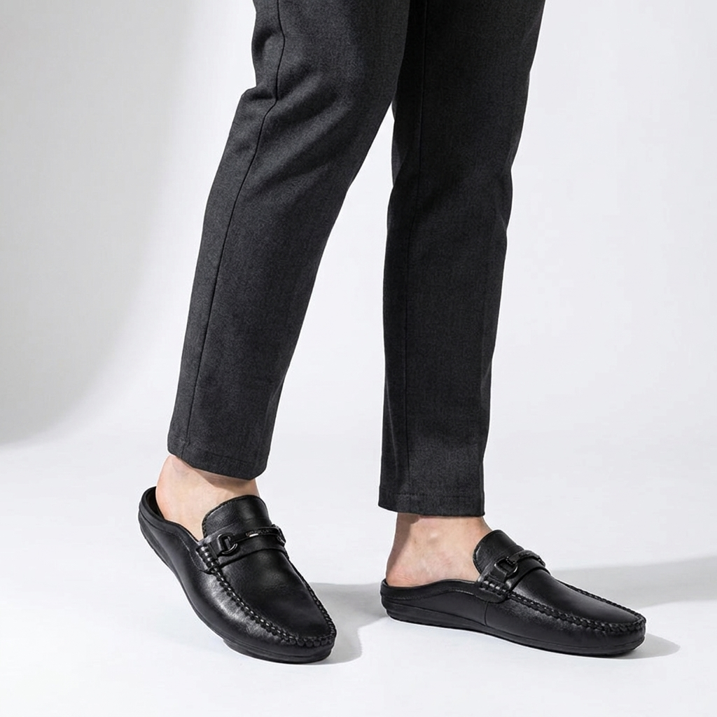 Burano Leather Mules — Black, knee-down studio male model