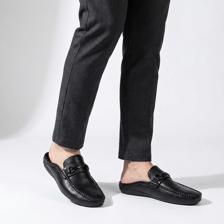 Burano Leather Mules — Black, knee-down studio male model