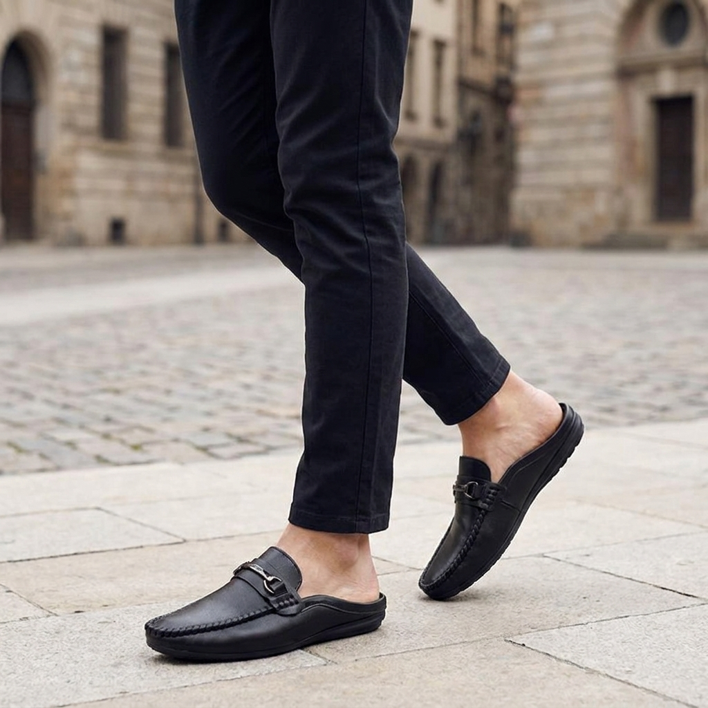 Burano Leather Mules — Black, knee-down lifestyle cobblestone