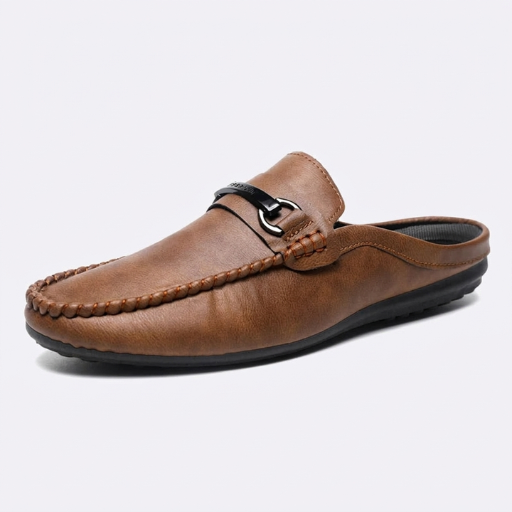 Burano Leather Mules — Tan, three-quarter open-back studio view