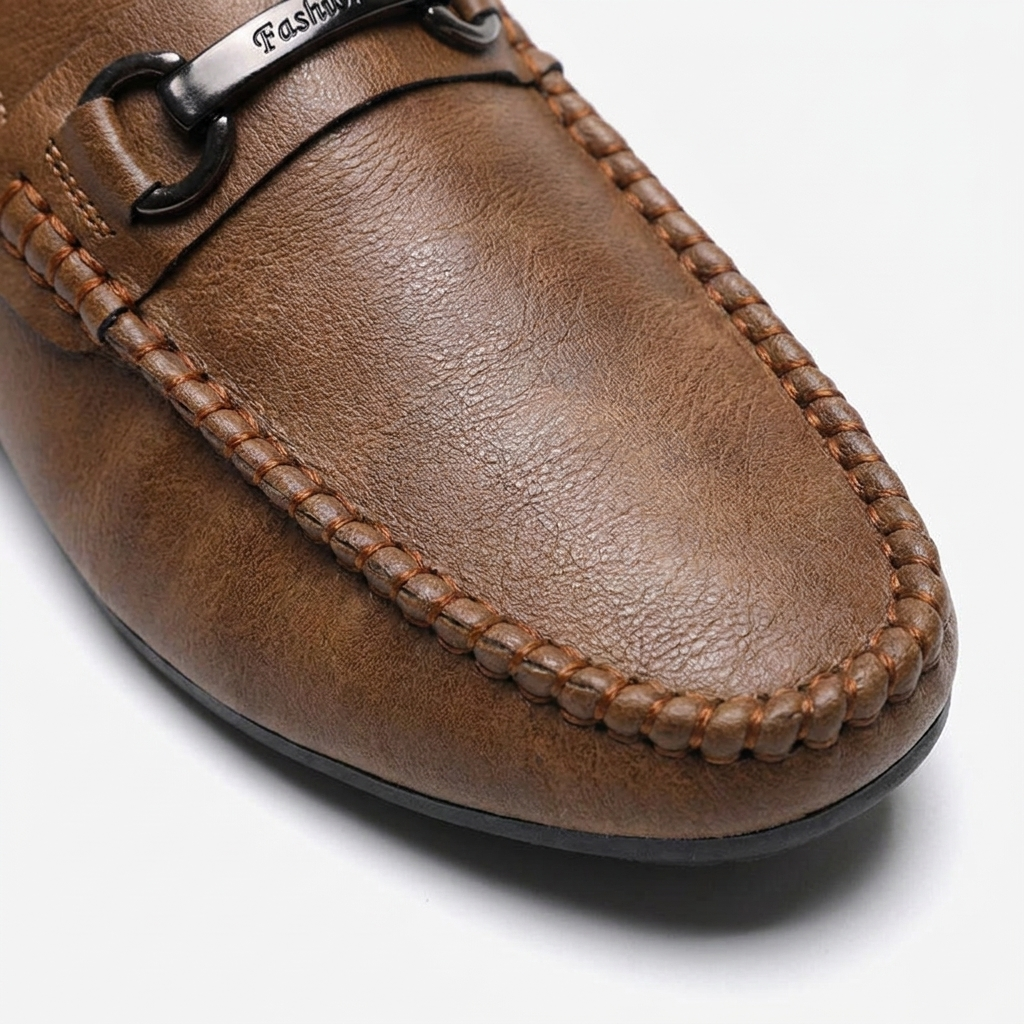 Burano Leather Mules — Tan, close-up metal bit and moc-stitch