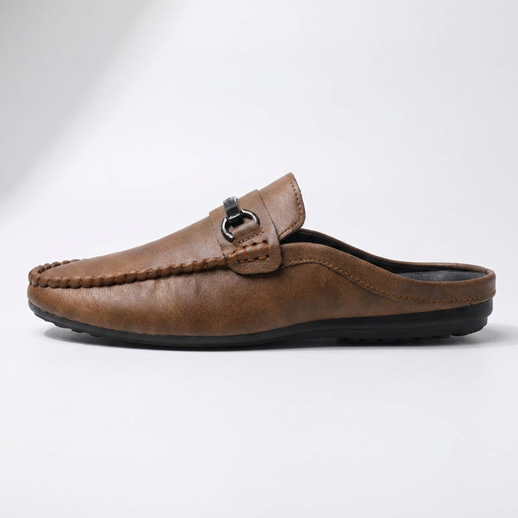 Burano Leather Mules — Tan, side profile studio view