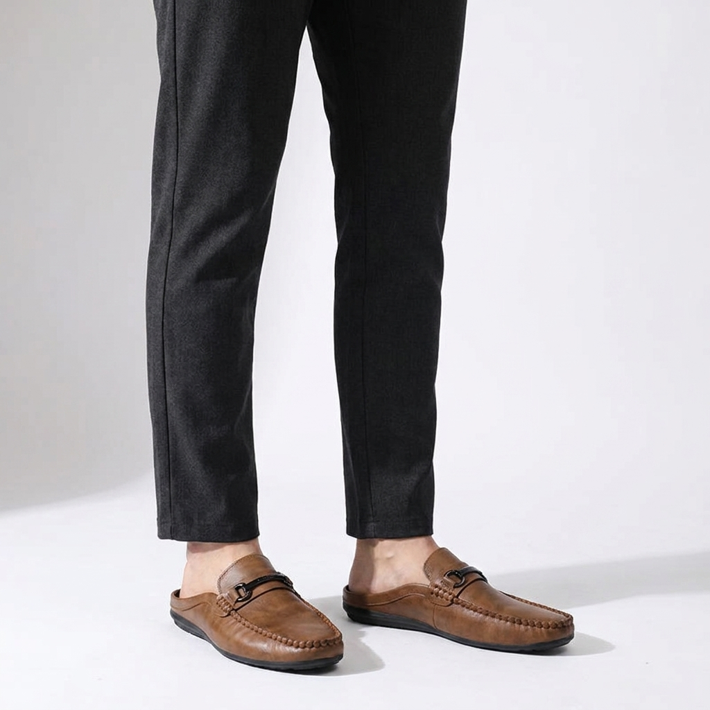 Burano Leather Mules — Tan, knee-down studio male model