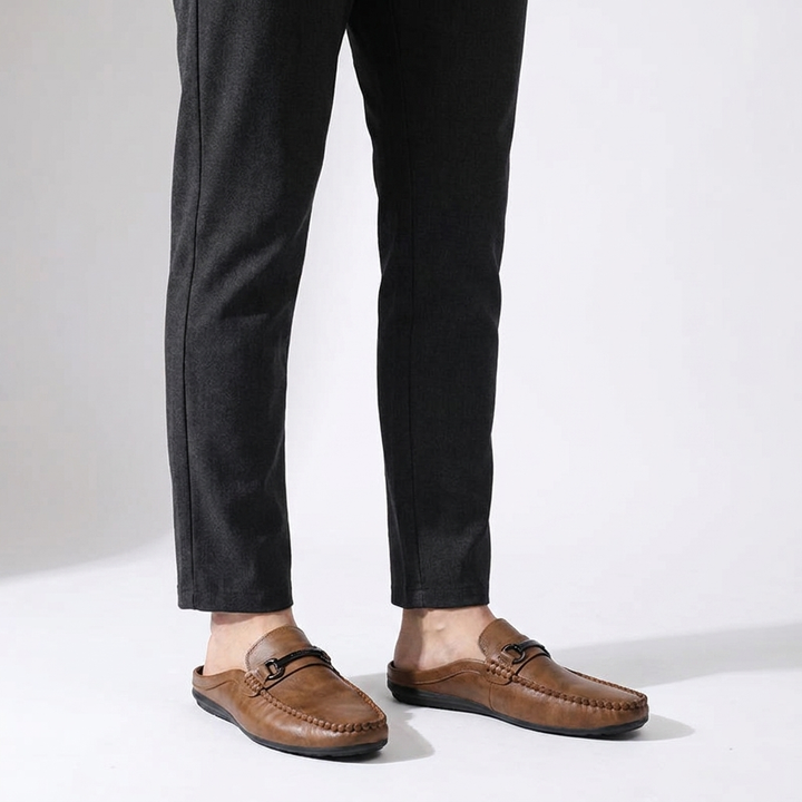 Burano Leather Mules — Tan, knee-down studio male model