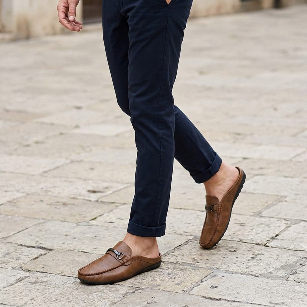 Burano Leather Mules — Tan, knee-down lifestyle cobblestone