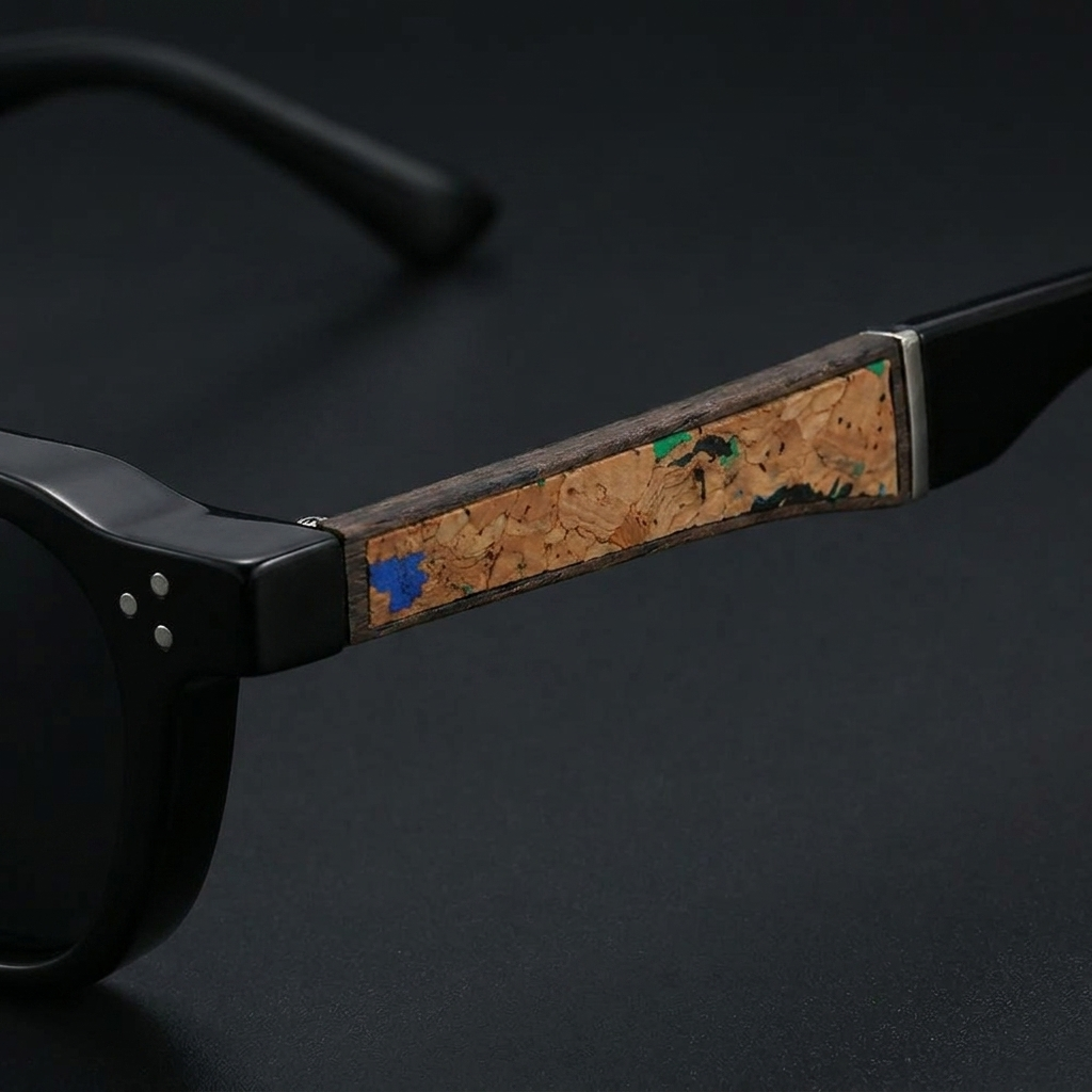 Calvi Cork Sunglasses — Black, cork arm detail