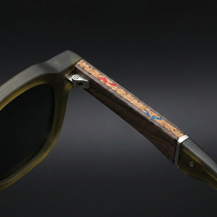 Calvi Cork Sunglasses — Olive, cork arm detail