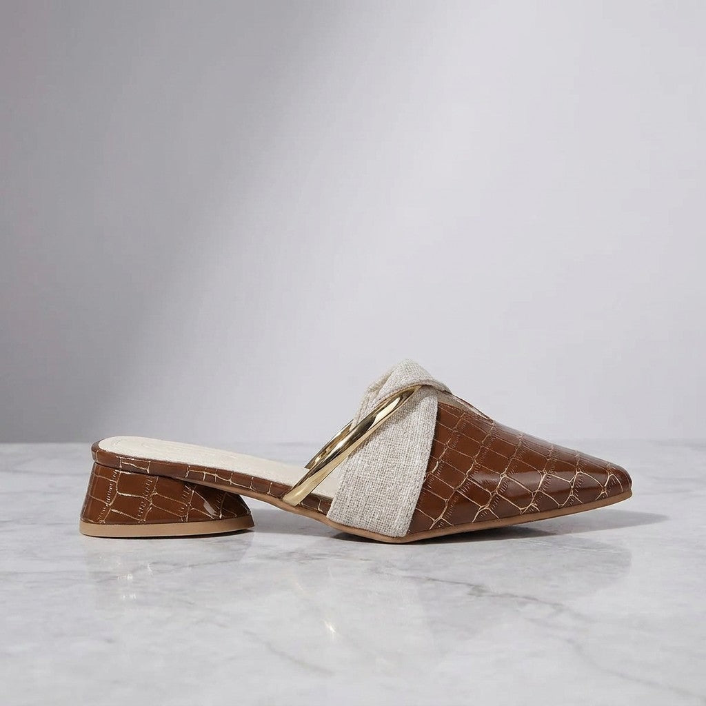 Orvieto Croc-Embossed Mules — Khaki, side profile