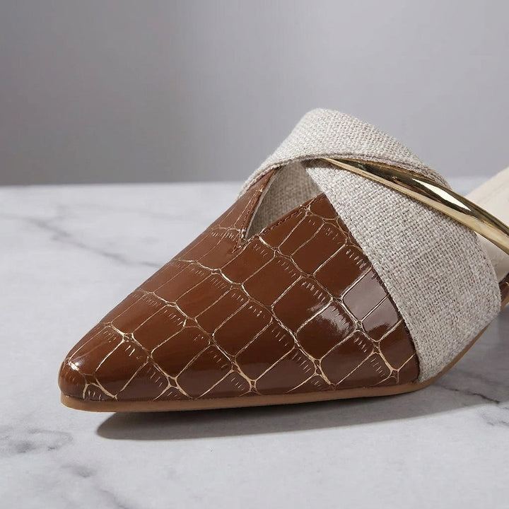 Orvieto Croc-Embossed Mules — Khaki, construction close-up