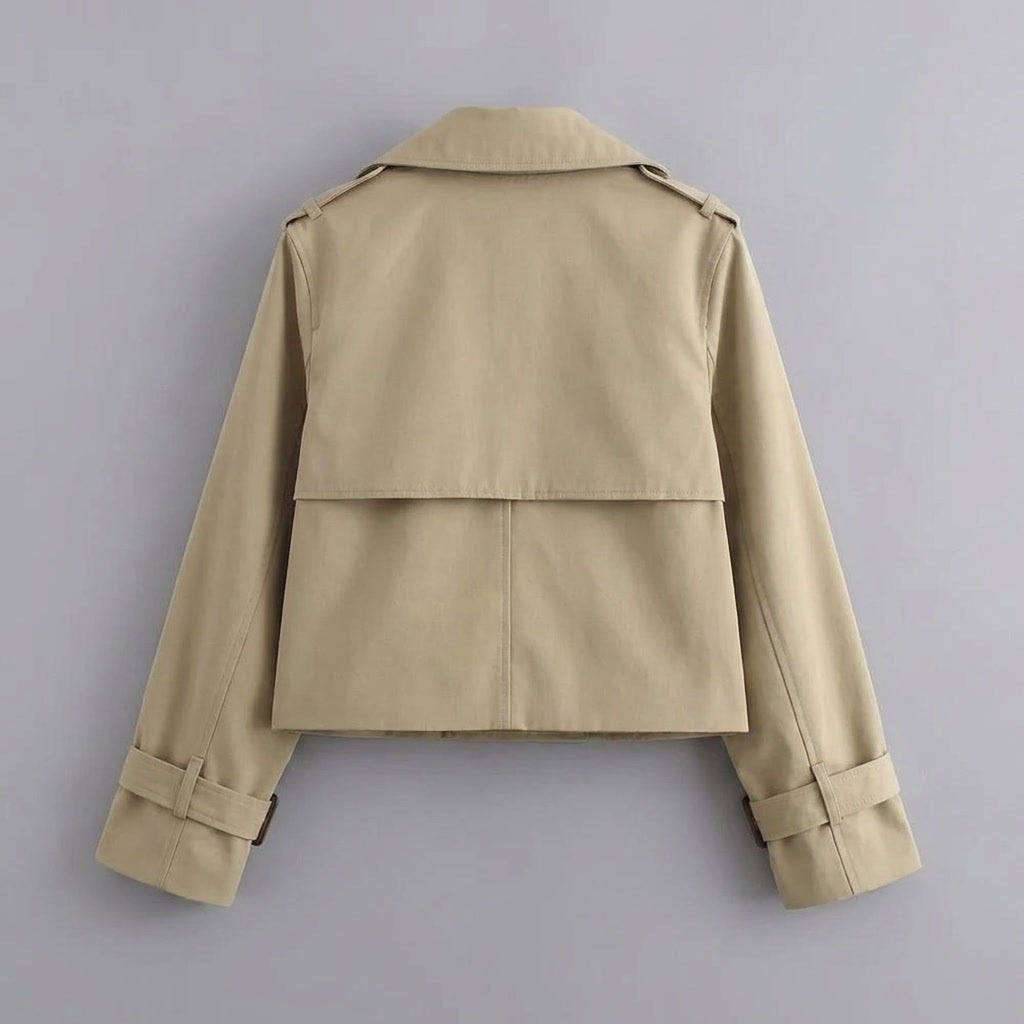 Chiavari Cropped Trench — Khaki, flat lay back on grey seamless