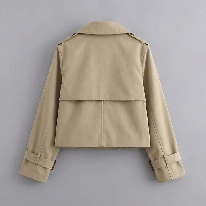 Chiavari Cropped Trench — Khaki, flat lay back on grey seamless