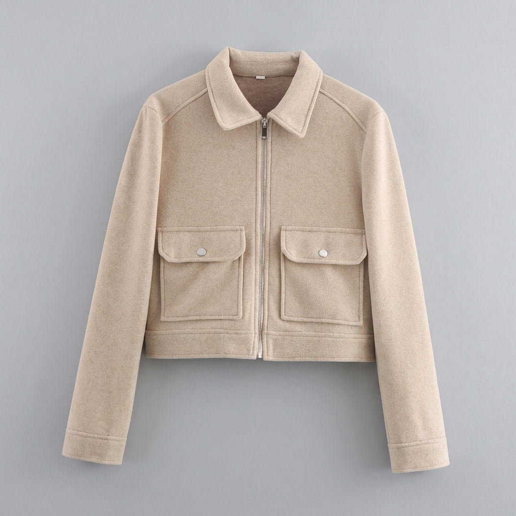 Padova Cropped Jacket — Khaki, flat lay front on grey seamless