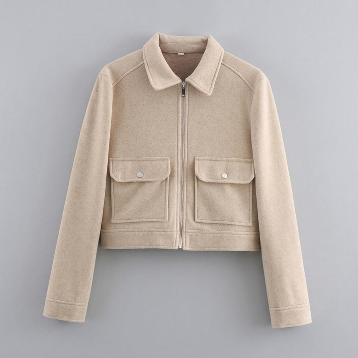 Padova Cropped Jacket — Khaki, flat lay front on grey seamless