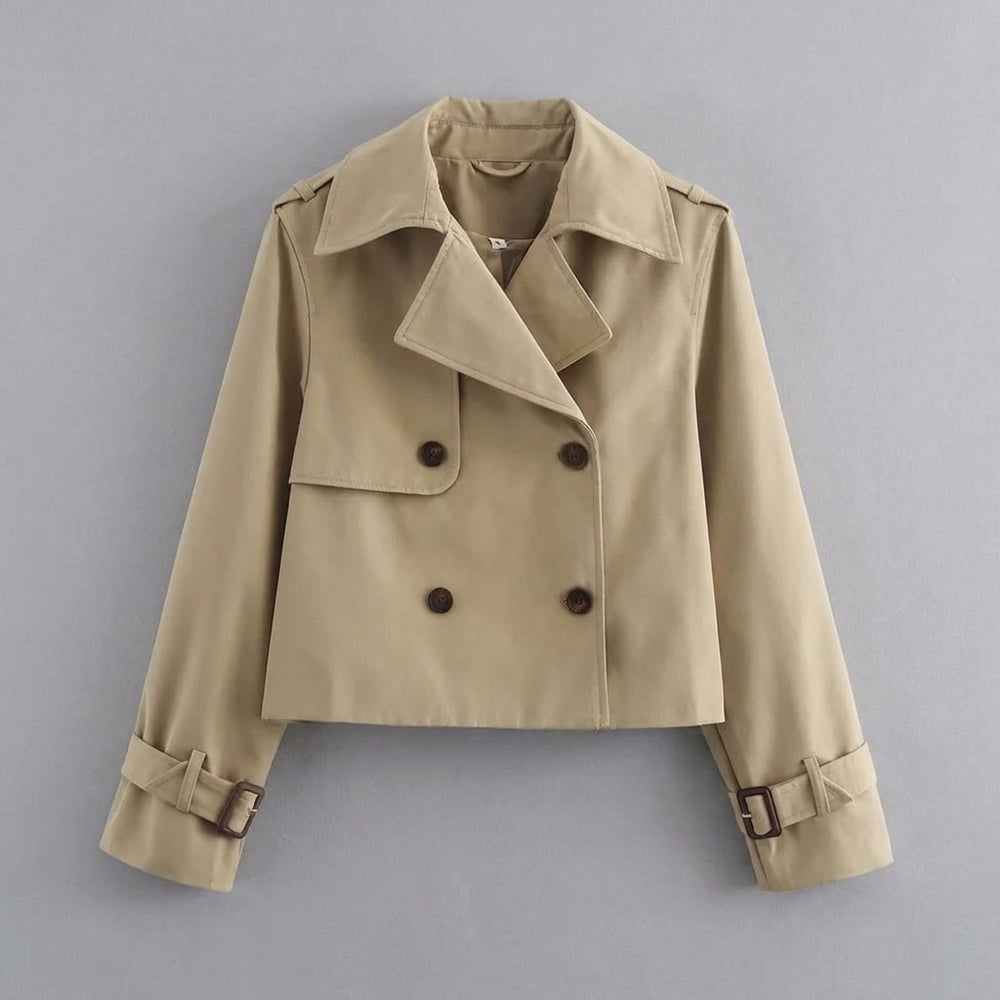Chiavari Cropped Trench — Khaki, flat lay front on grey seamless