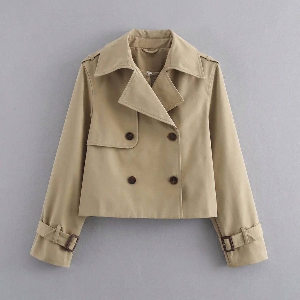 Chiavari Cropped Trench — Khaki, flat lay front on grey seamless