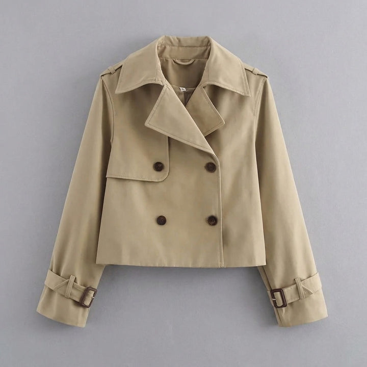 Chiavari Cropped Trench — Khaki, flat lay front on grey seamless