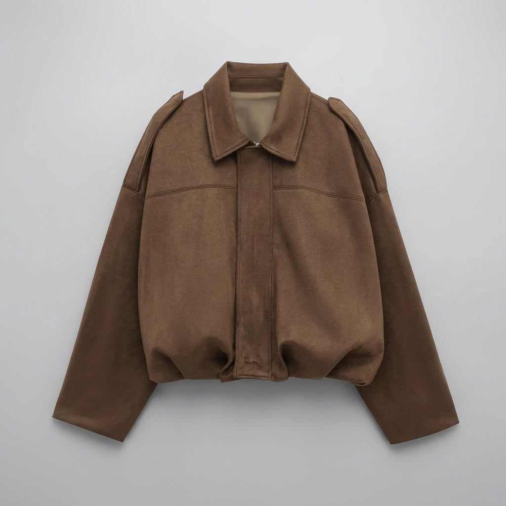 Feltre Suede Jacket — Khaki, flat lay front on grey seamless
