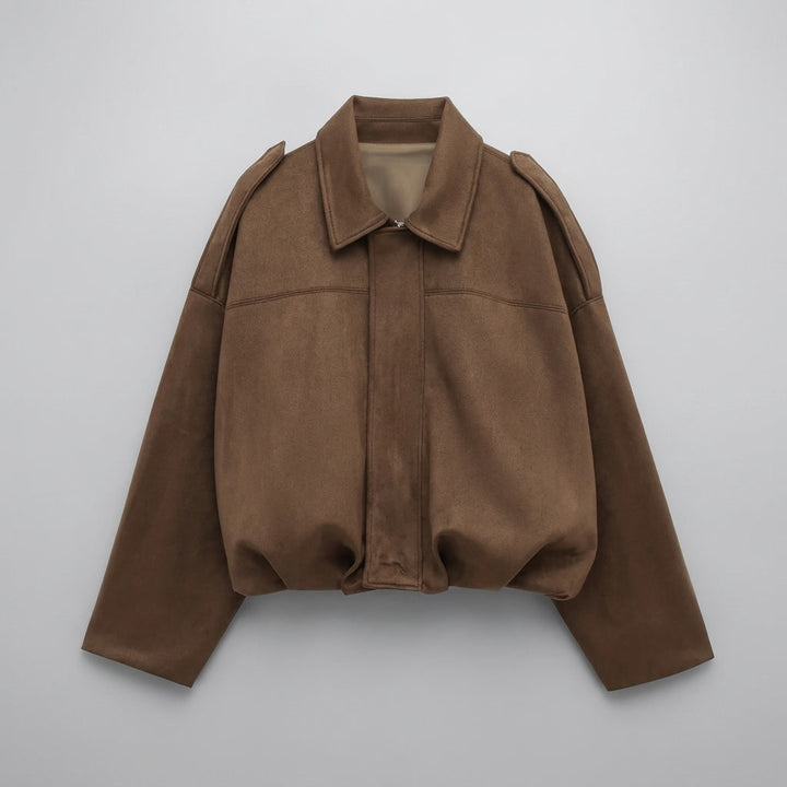 Feltre Suede Jacket — Khaki, flat lay front on grey seamless