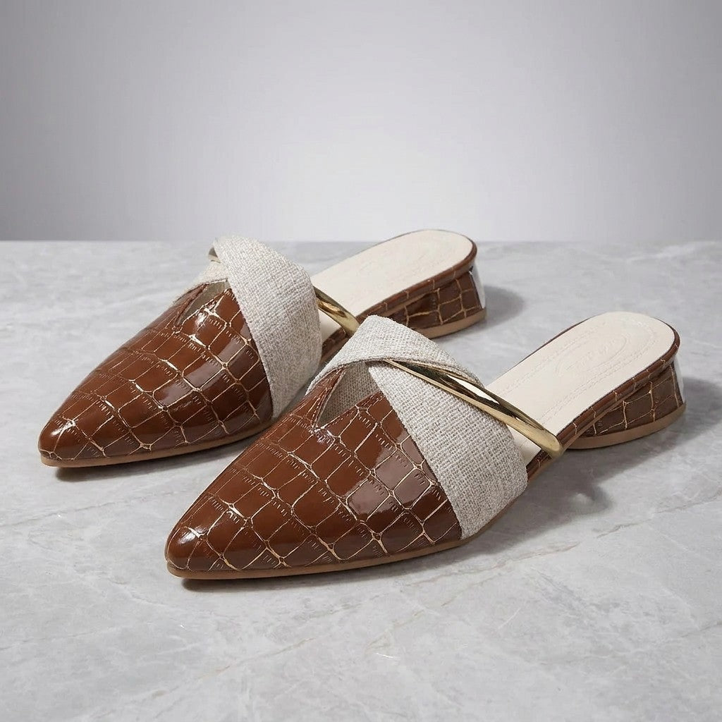 Orvieto Croc-Embossed Mules — Khaki, pair on marble