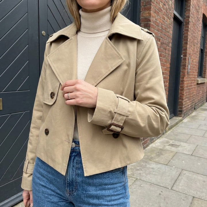Chiavari Cropped Trench — Khaki, lifestyle worn detail