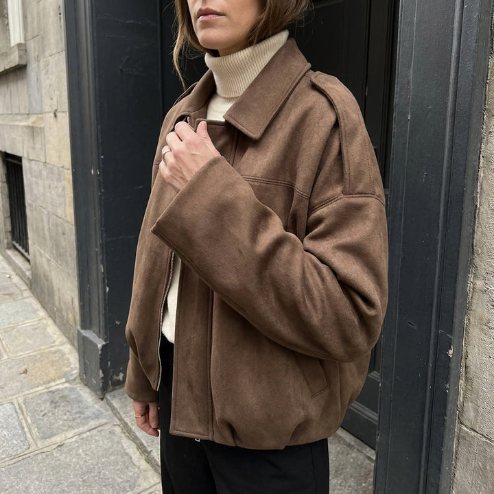 Feltre Suede Jacket — Khaki, lifestyle worn detail