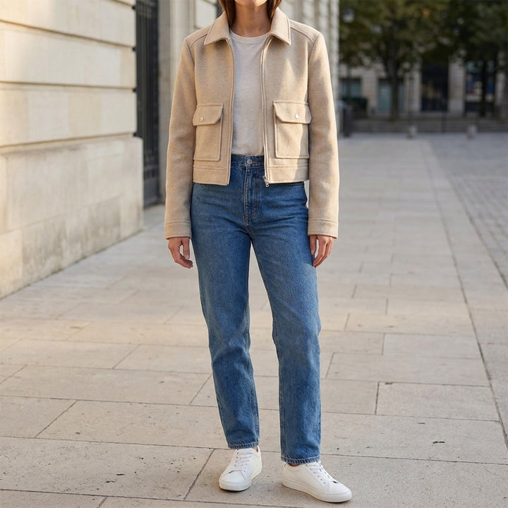 Padova Cropped Jacket — Khaki, lifestyle close crop on model