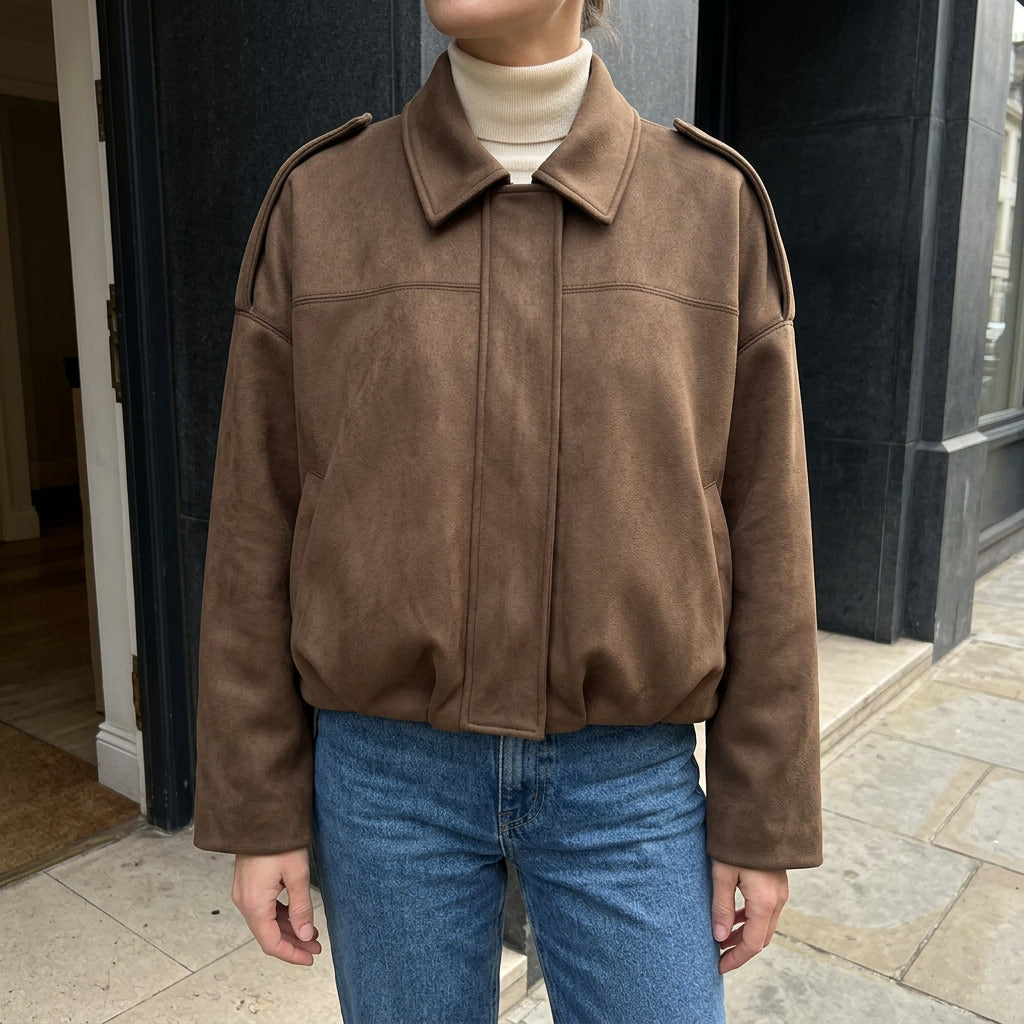 Feltre Suede Jacket — Khaki, lifestyle close crop on model