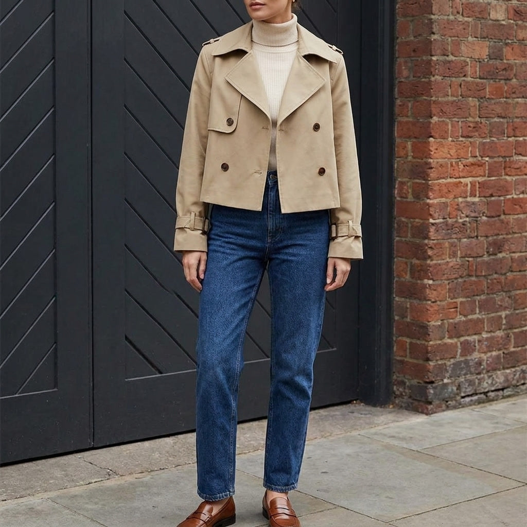 Chiavari Cropped Trench — Khaki, lifestyle close crop on model