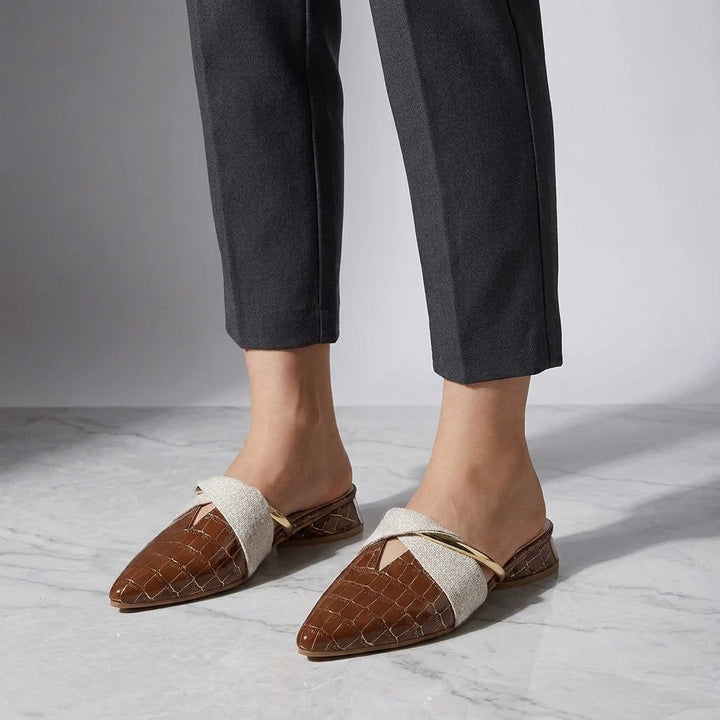 Orvieto Croc-Embossed Mules — Khaki, on model knee-down studio