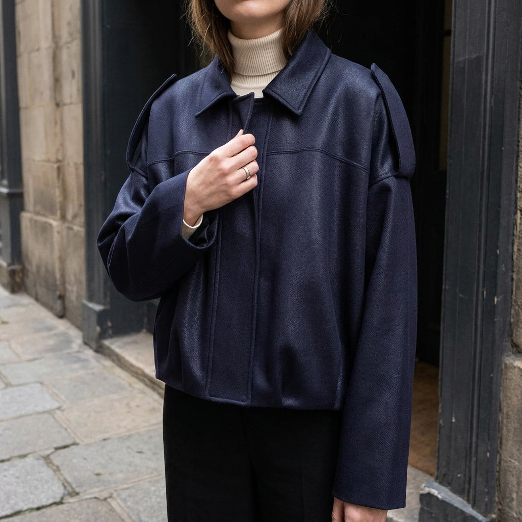 Feltre Suede Jacket — Navy, lifestyle worn detail