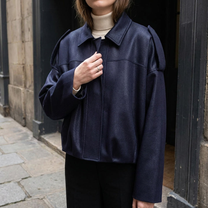 Feltre Suede Jacket — Navy, lifestyle worn detail