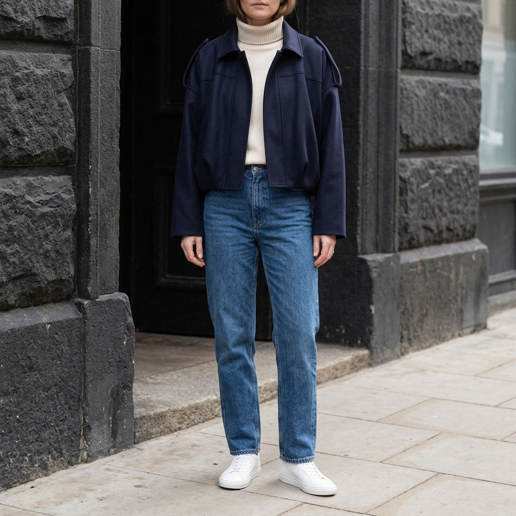 Feltre Suede Jacket — Navy, lifestyle full outfit