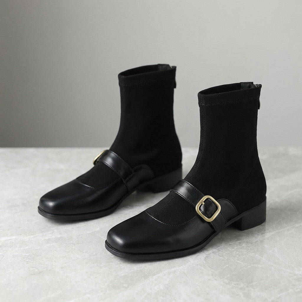 Pesaro Mary Jane Ankle Boots — Black, pair, three-quarter studio view on grey marble
