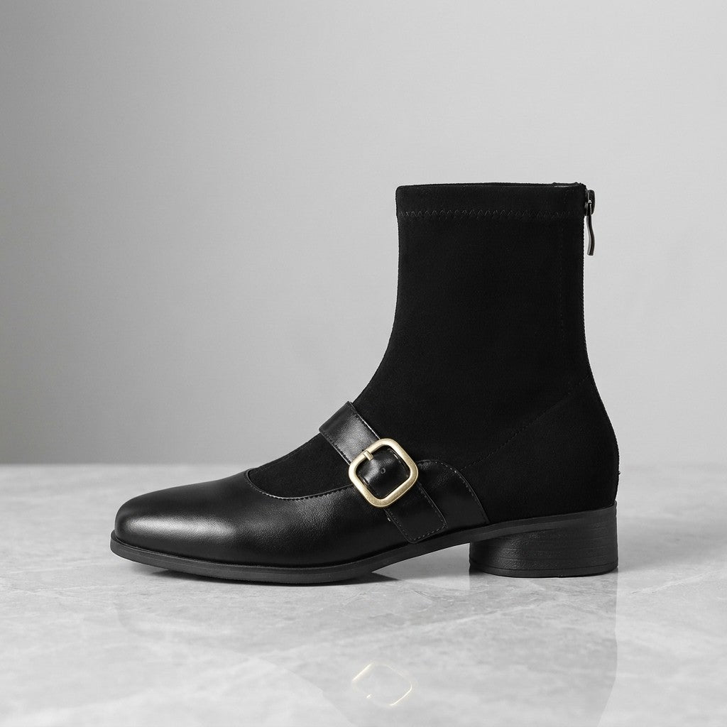 Pesaro Mary Jane Ankle Boots — Black, single boot, side profile on grey marble