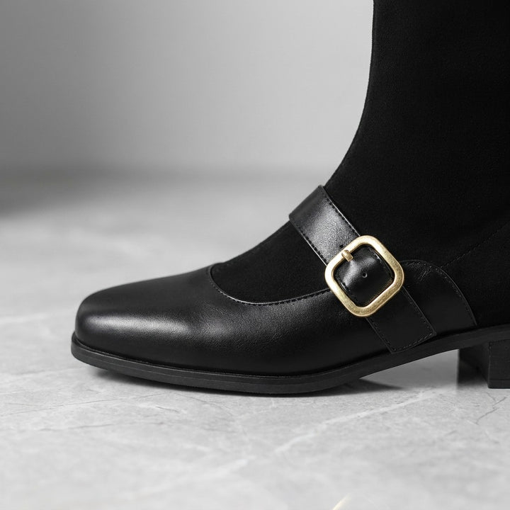 Pesaro Mary Jane Ankle Boots — Black, close-up of the outer-side strap and gold pin buckle
