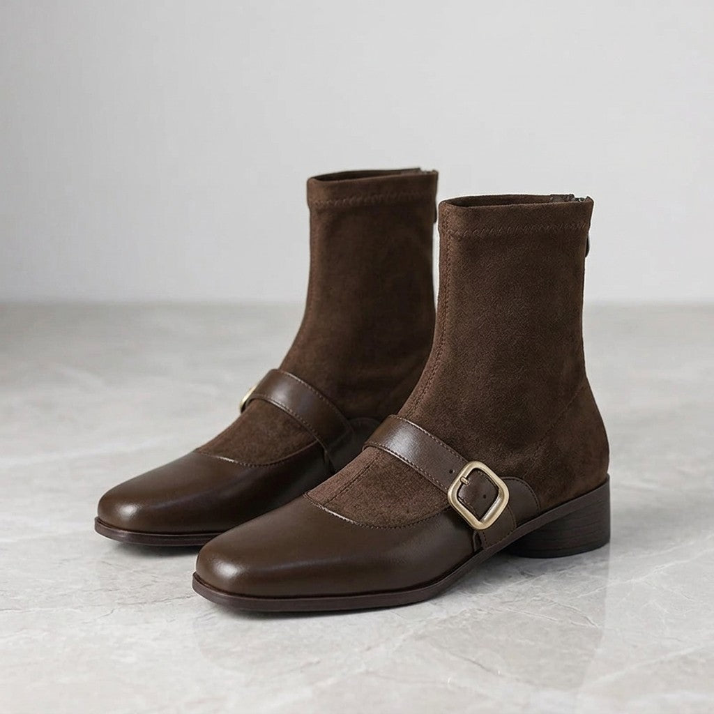 Pesaro Mary Jane Ankle Boots — Chocolate Brown, pair, three-quarter studio view on grey marble